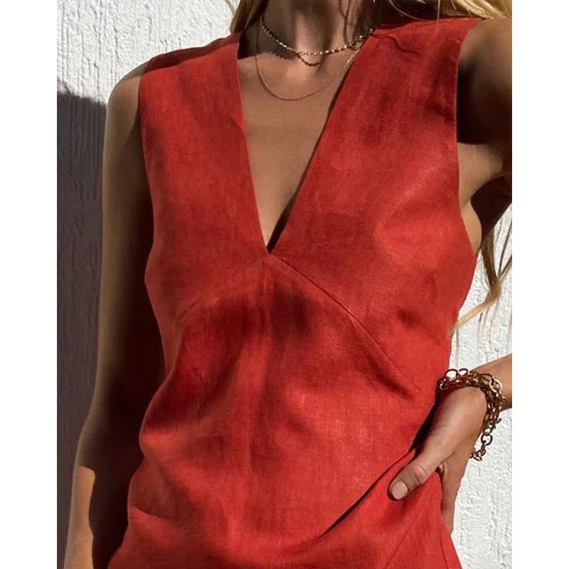 Women’s Linen V-Neck Sleeveless Mini Dress