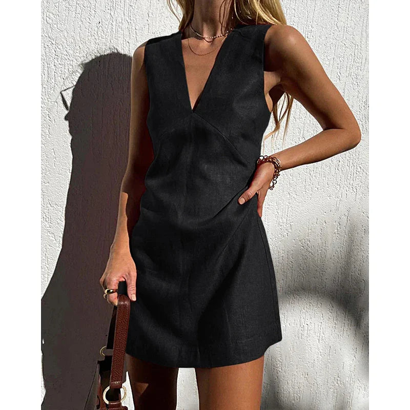Women’s Linen V-Neck Sleeveless Mini Dress