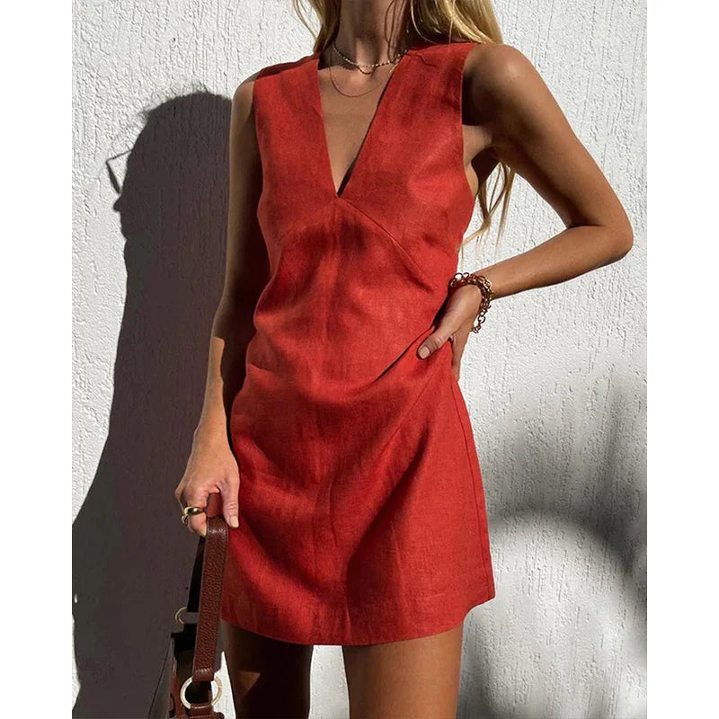 Women’s Linen V-Neck Sleeveless Mini Dress