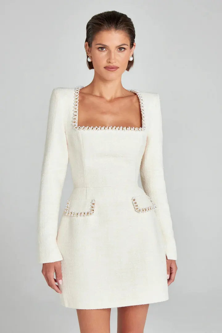 Monaco Lacceti Women's Tweed Pearl Trim Blazer Mini Dress